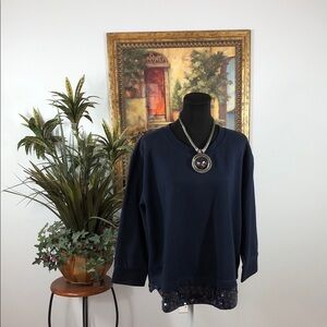 J. Crew Women Navy Blue Sweater XL Deadstock Sequined Ruffle Hem Long Sleeve